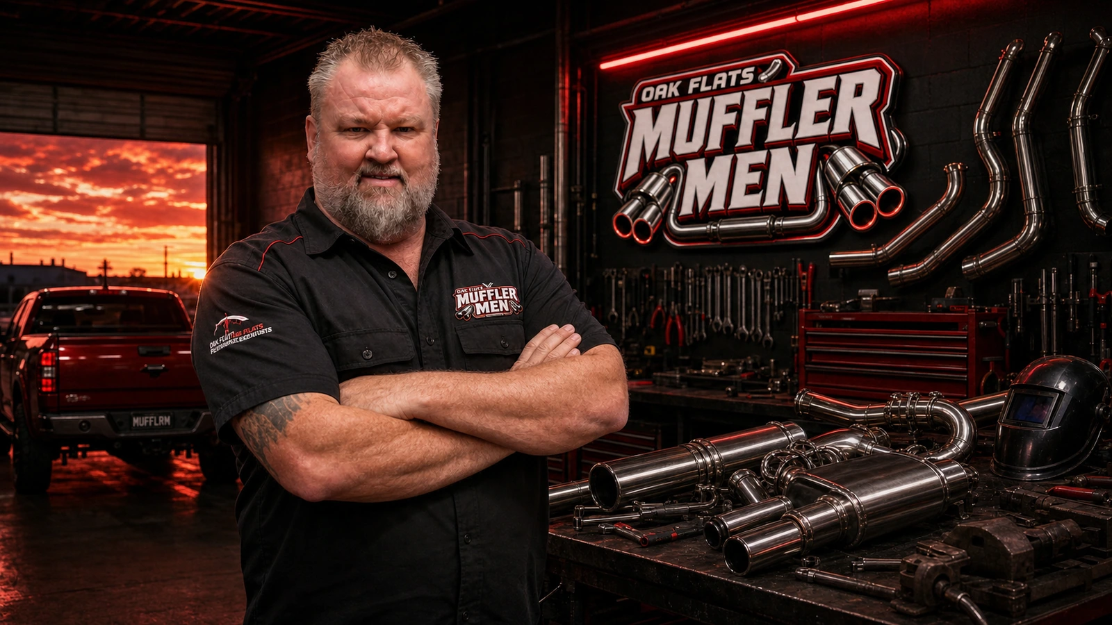 Brad Yates founder of Oak Flats Muffler Men in the branded workshop