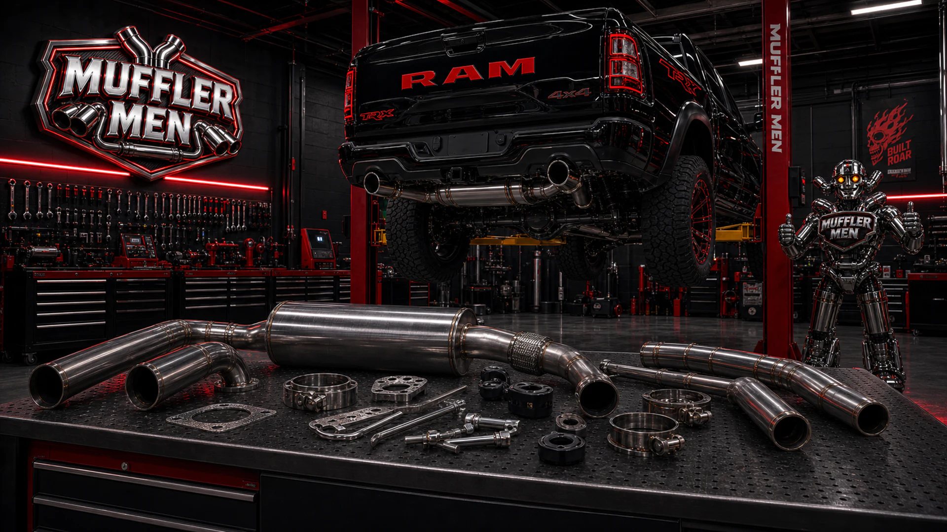 Oak Flats Muffler Men brand board with exhaust service assets