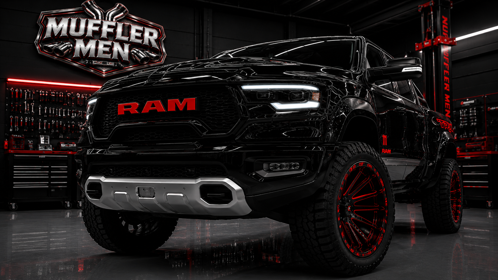 Gloss black Dodge RAM TRX in the Oak Flats Muffler Men workshop gallery hero