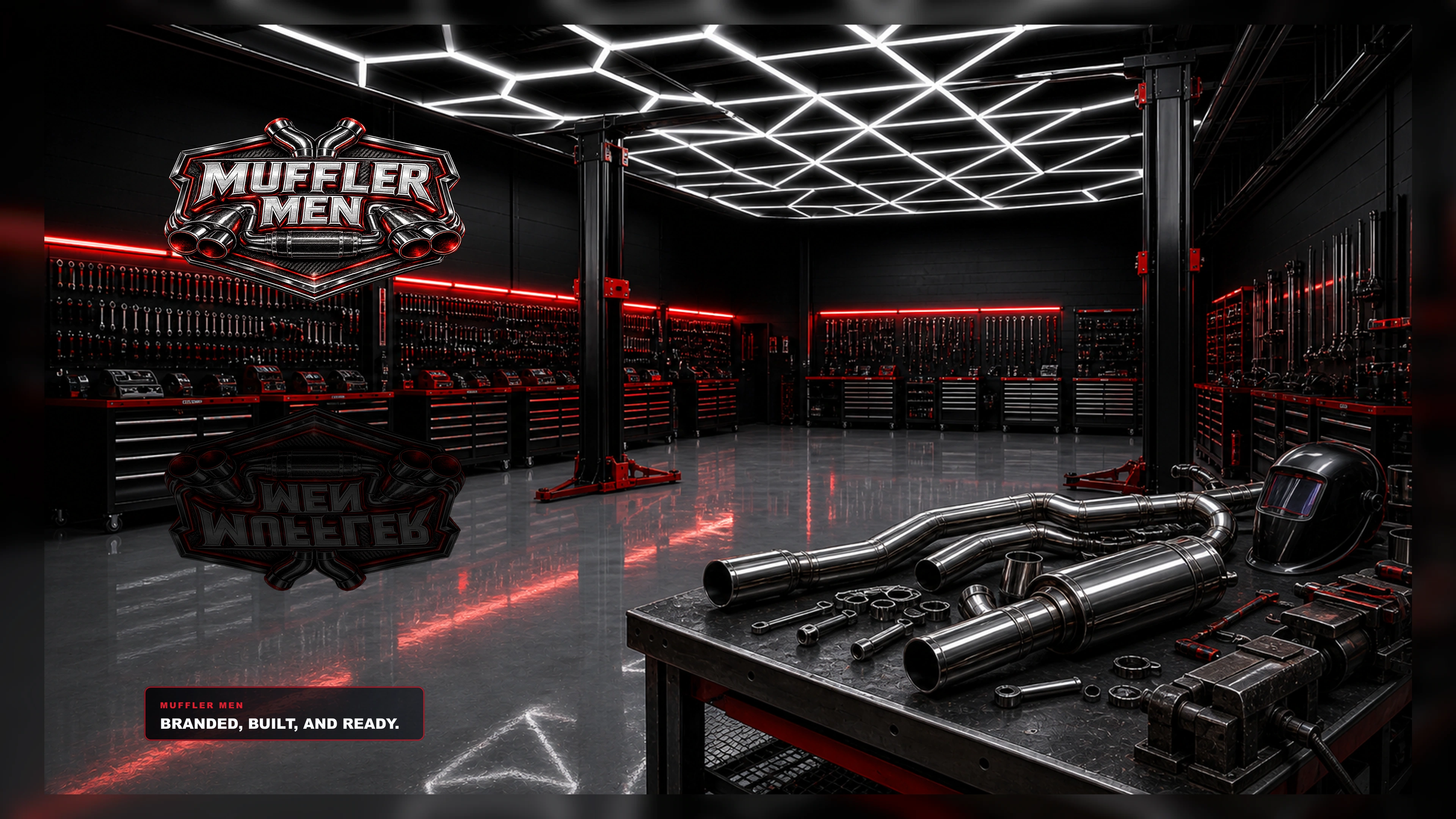 Official Muffler Men branded workshop scene with header logo, red lighting and polished concrete floor