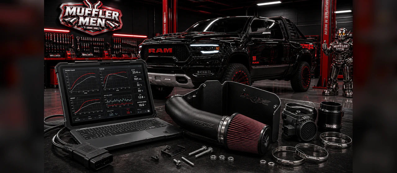 ECU remaps and intake systems | Oak Flats Muffler Men Diagnostic tablet and intake hardware for ECU remap and induction upgrade planning
