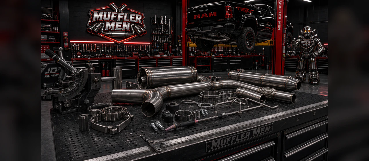Exhaust fabrication | Oak Flats Muffler Men Custom exhaust fabrication components laid out with bender tooling and clean weld prep