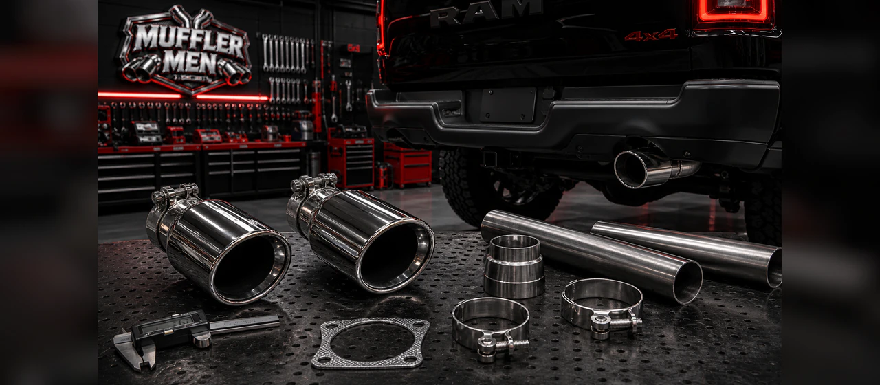 Exhaust pipes and chrome tips | Oak Flats Muffler Men Two polished single chrome exhaust tips with realistic pipe sections and a fitted single outlet