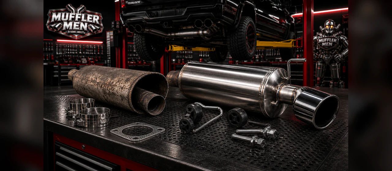 Muffler repairs and replacement | Oak Flats Muffler Men Muffler repair and replacement parts with realistic stainless muffler hardware