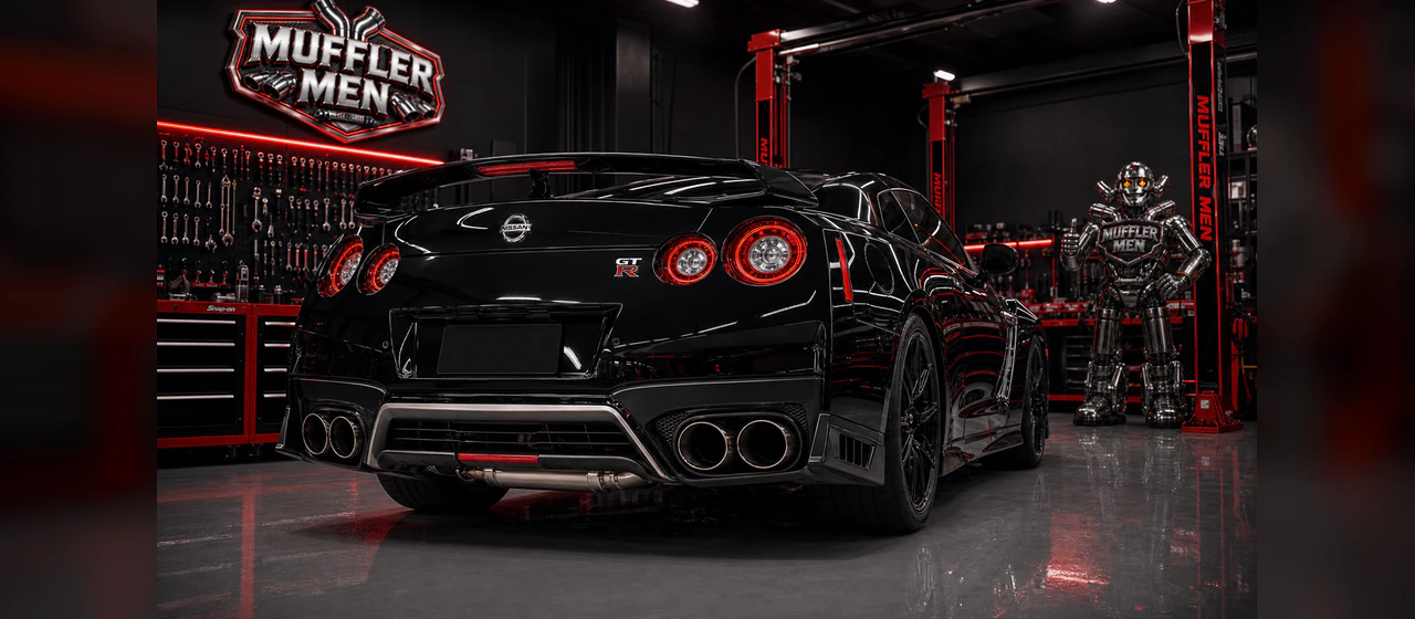 Performance exhausts | Oak Flats Muffler Men Nissan GT-R R35 performance exhaust rear finish in the Muffler Men workshop